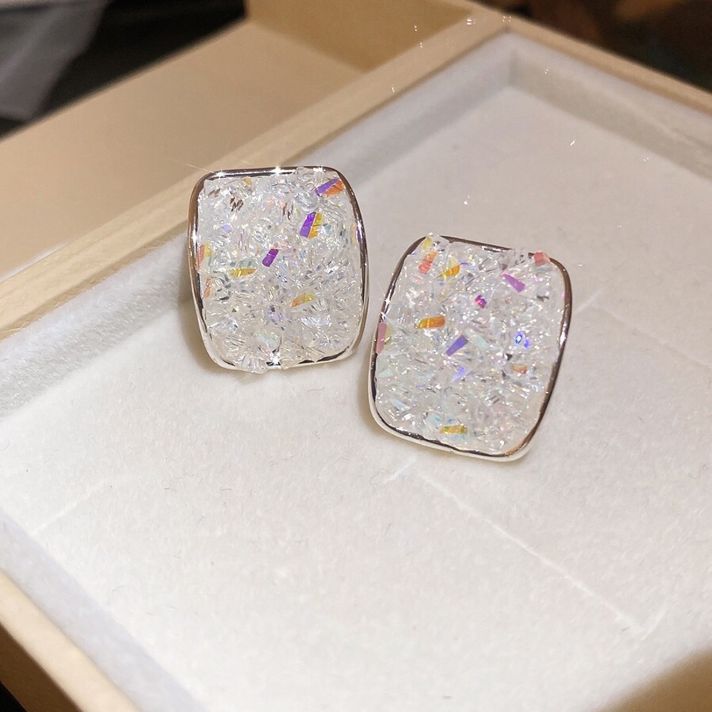 Iridescent White Square Sparkle Stud Earrings - Women Jewelry